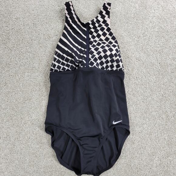 Nike Rush High Neck One Piece Swimsuit Womens M Black White Geo Criss Cross Back - Picture 12 of 16